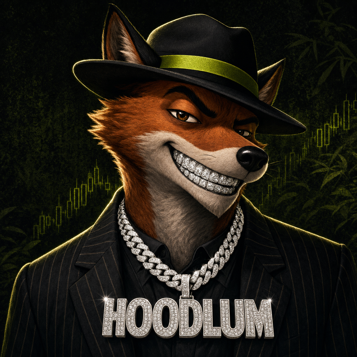 Fox in a black fedora wearing a diamond HOODLUM chain